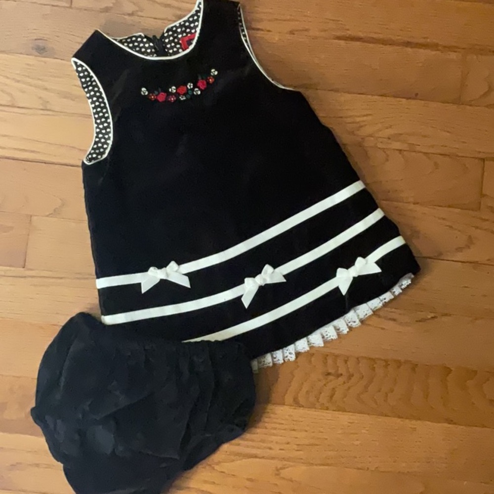 The Children's Place Black Velvet Dress with White Bows, includes bloomers